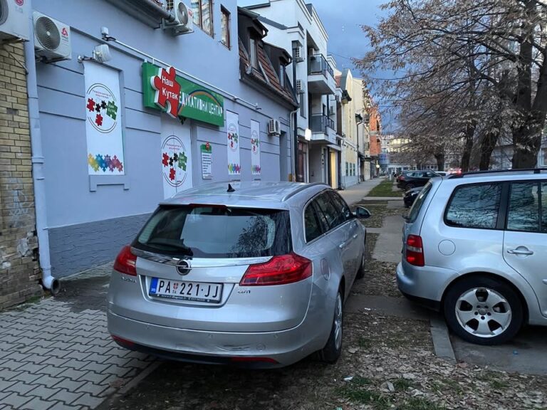 Panceva ulica Maksima Gorkog ispred broja 10 covek se svaki dan vozi po trotoaru da bi parkirao ispred vrata jednim delom je na zelenoj povrsini 2 1 768x576