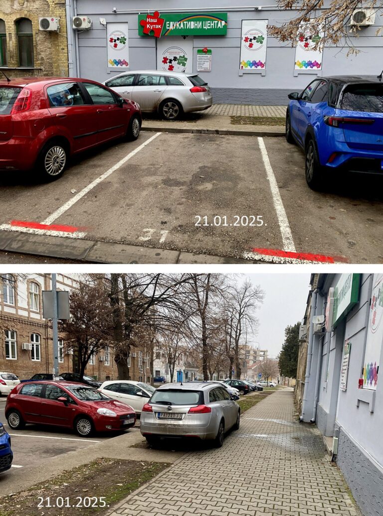 Pozdrav saljem vam fotke slikane danas 21.01.2025. Radi se o parkiranju na zelenoj povrsini i trotoaru i voznji po istom u centru Panceva adresa je Maksima Gorkog 10. 1 scaled 1 768x1034